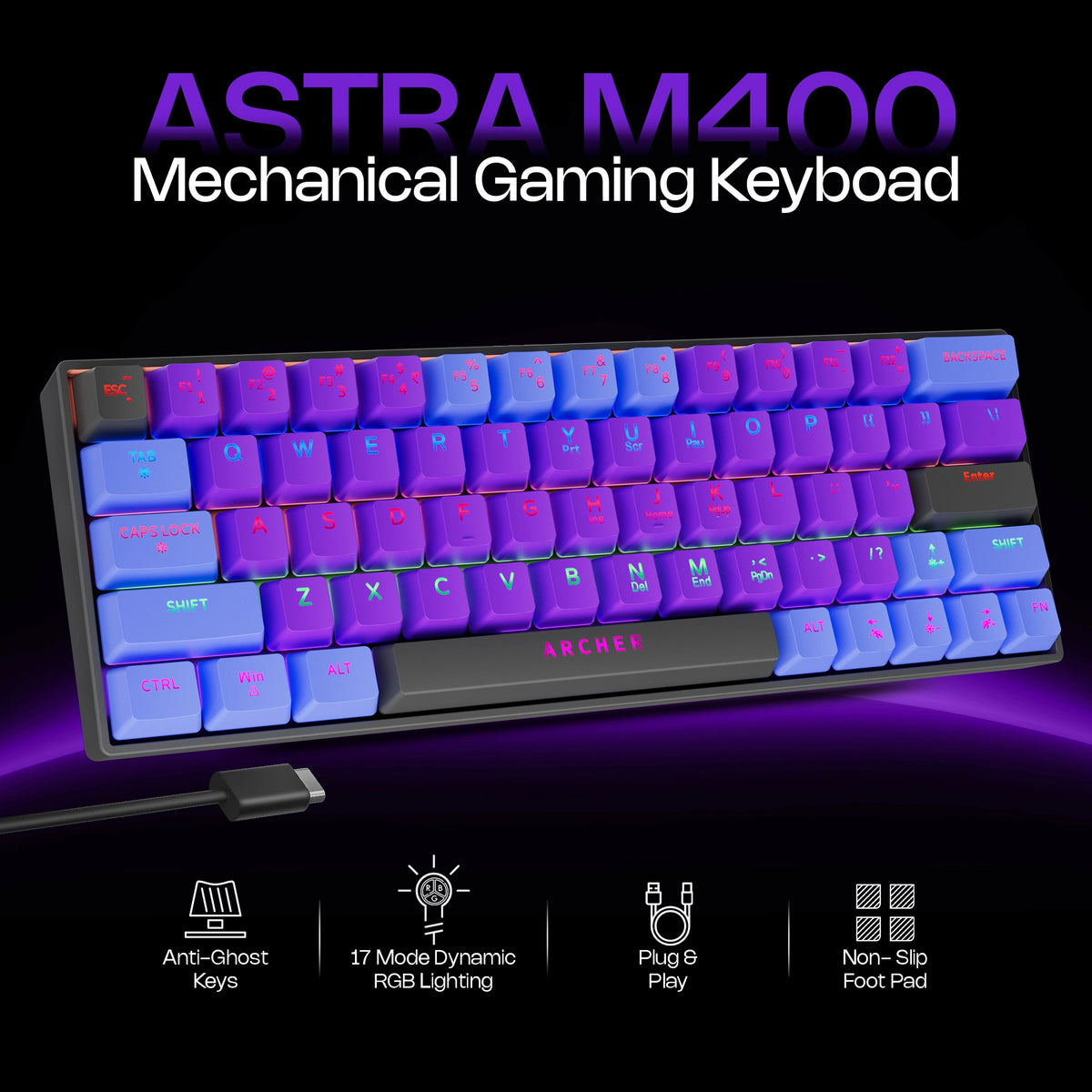 Wired Mechanical Gaming Keyboard – 60% Compact, 63 Keys, Blue Switches, RGB Backlit