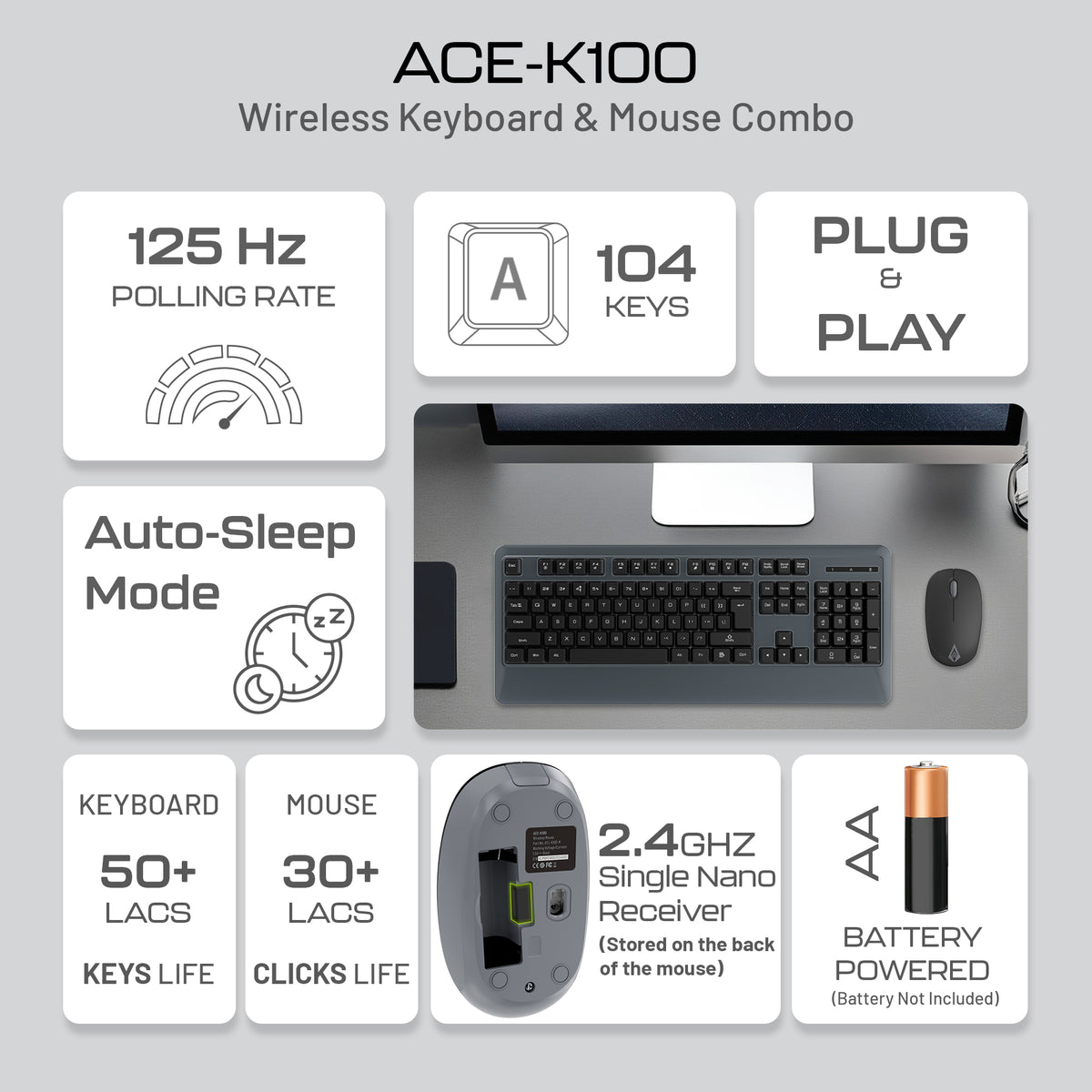 Wireless Keyboard and Mouse Combo – 2.4GHz Nano Receiver, 104 Keys, 1200 DPI