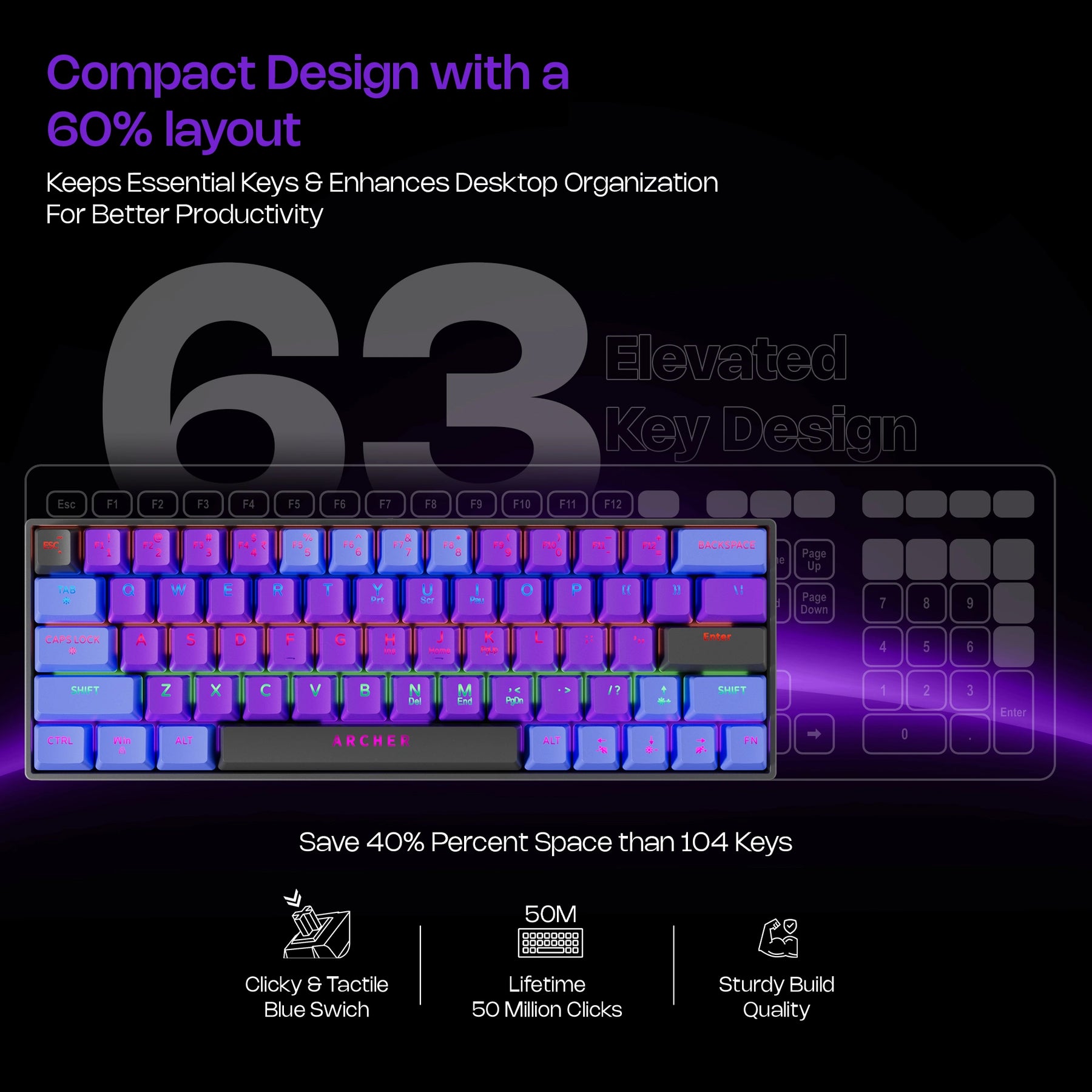 Wired Mechanical Gaming Keyboard – 60% Compact, 63 Keys, Blue Switches, RGB Backlit