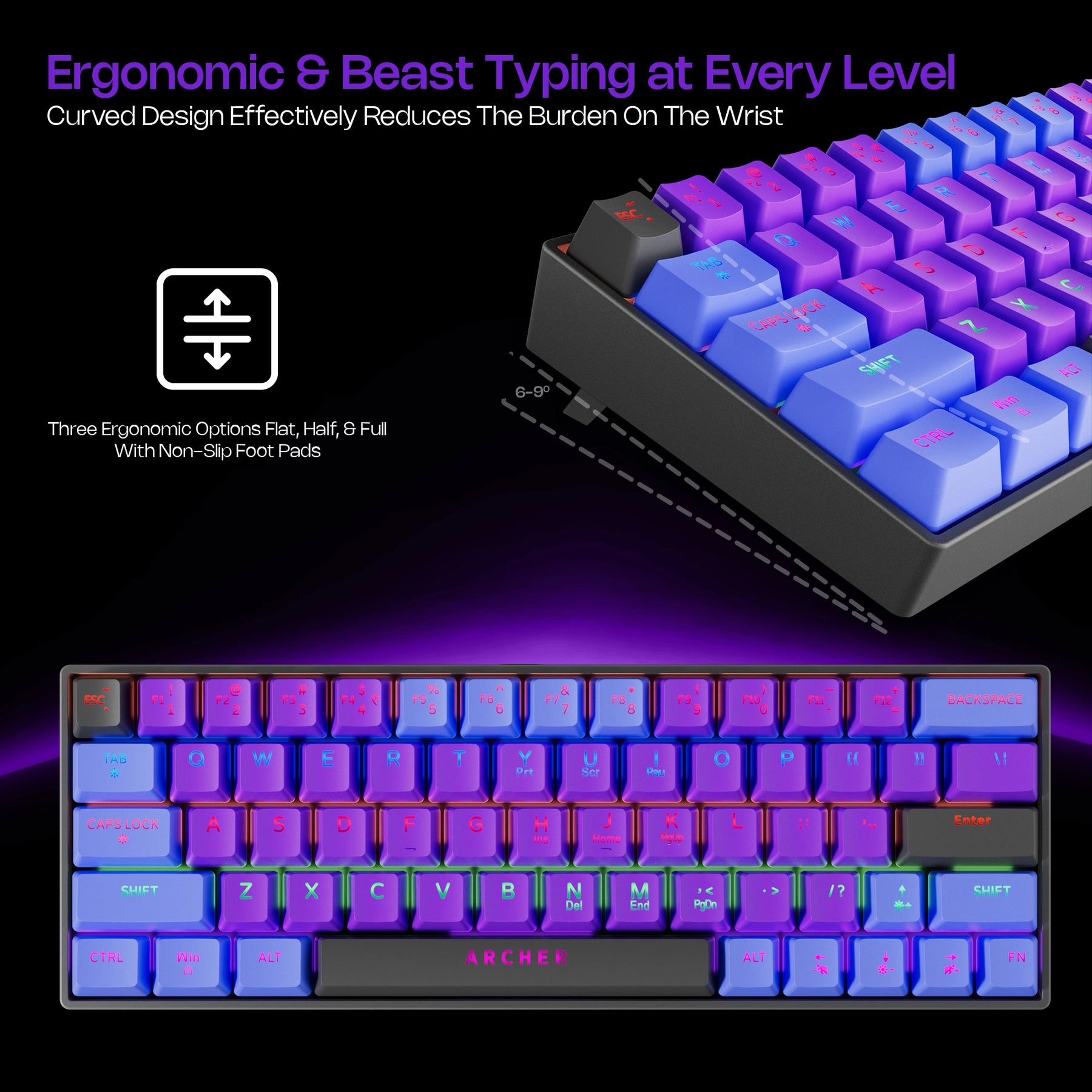 Wired Mechanical Gaming Keyboard – 60% Compact, 63 Keys, Blue Switches, RGB Backlit