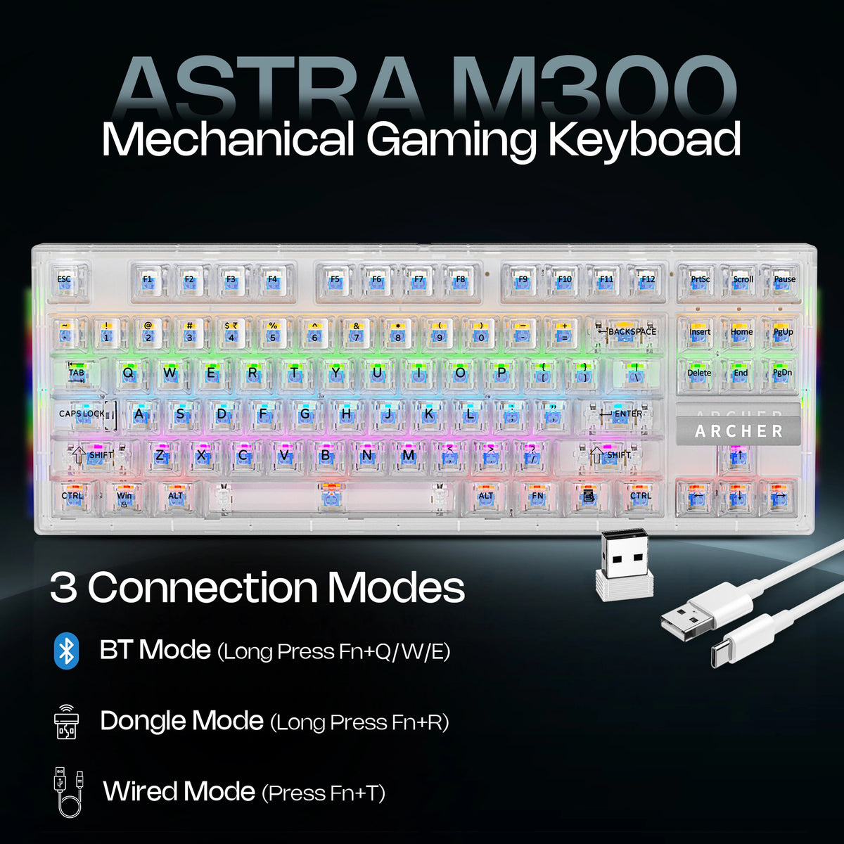 Mechanical Gaming Keyboard – Bluetooth/2.4GHz Wireless/Wired, 84 Keys, Blue Switches, RGB Backlit