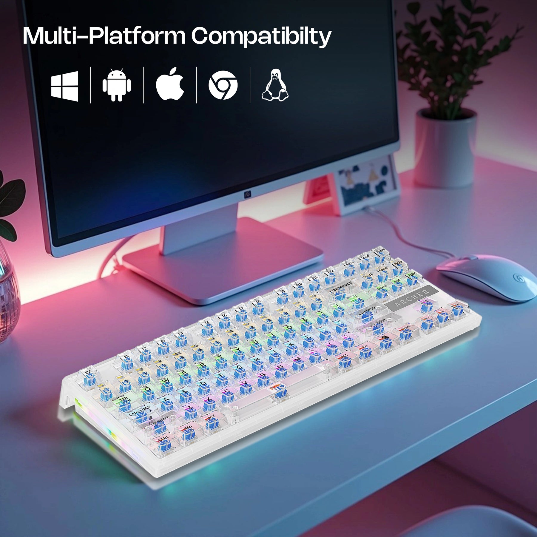 Mechanical Gaming Keyboard – Bluetooth/2.4GHz Wireless/Wired, 84 Keys, Blue Switches, RGB Backlit