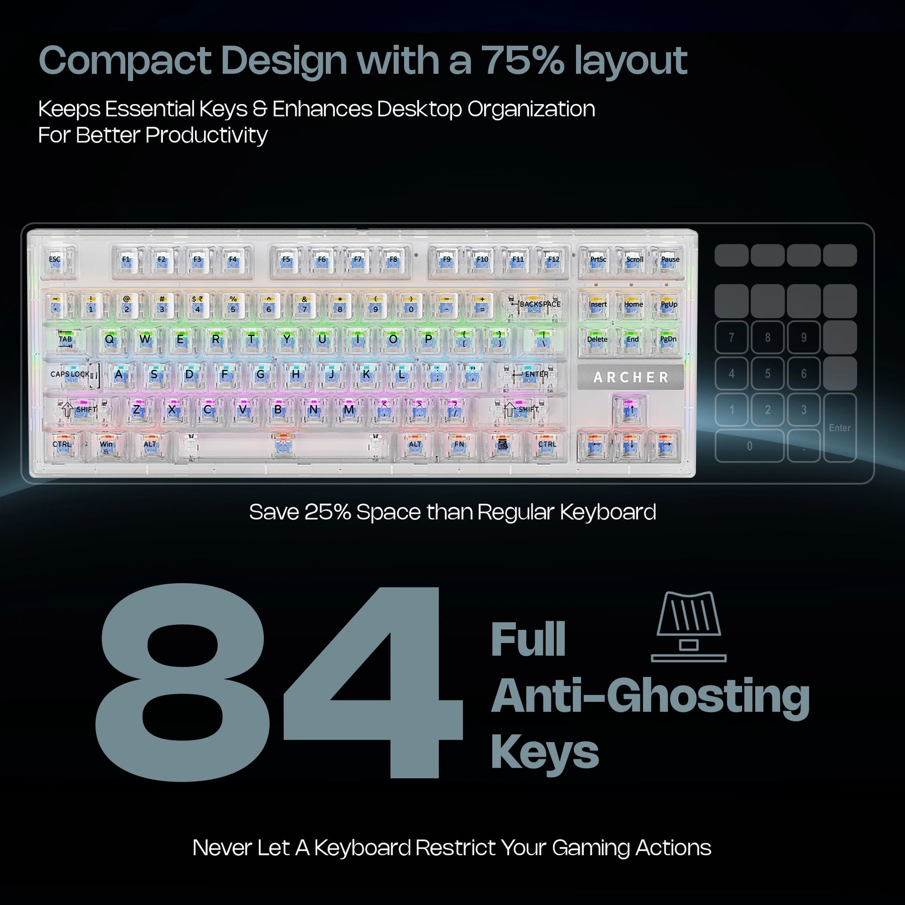 Mechanical Gaming Keyboard – Bluetooth/2.4GHz Wireless/Wired, 84 Keys, Blue Switches, RGB Backlit