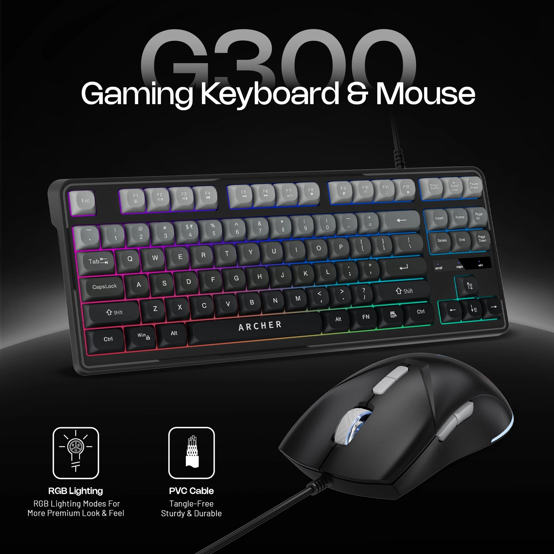 Astra G300 RGB gaming keyboard and mouse combo with 87 anti-ghosting keys
