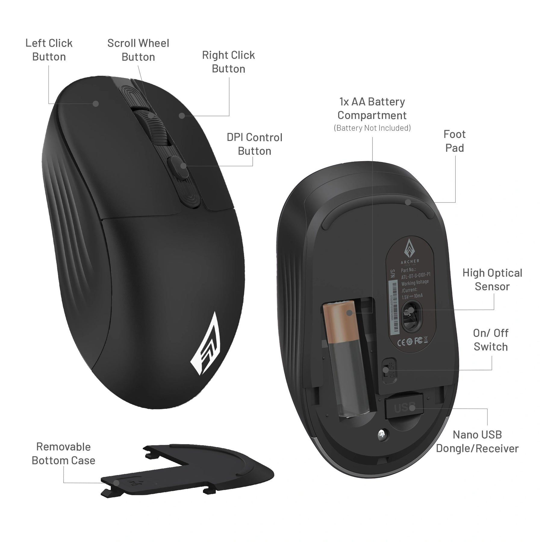 Precision 100 Wireless Office Mouse | 2.4GHz USB Nano Receiver, 3 DPI, Lightweight 55g