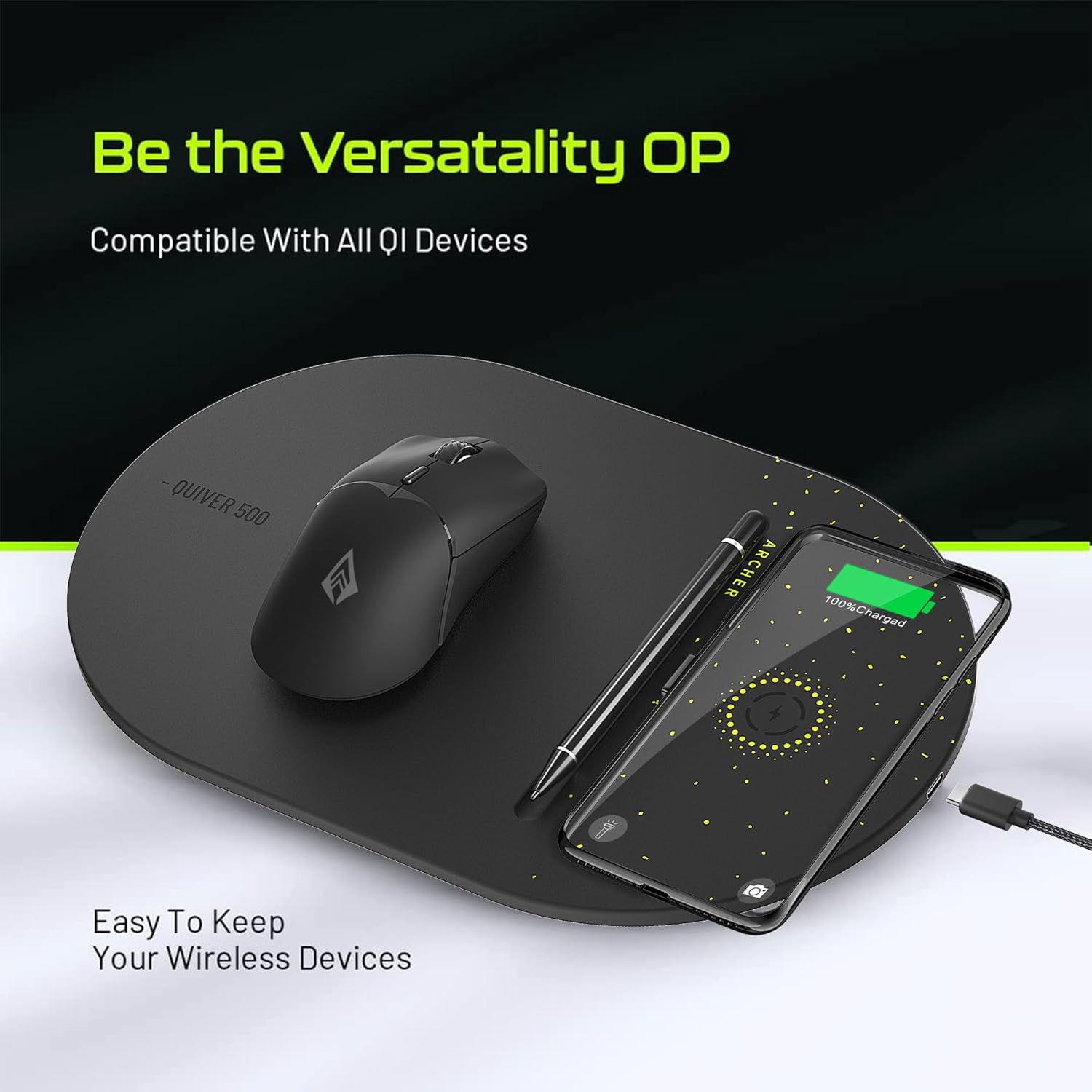 Quiver 500 wireless charging gaming mousepad with 15W fast charge