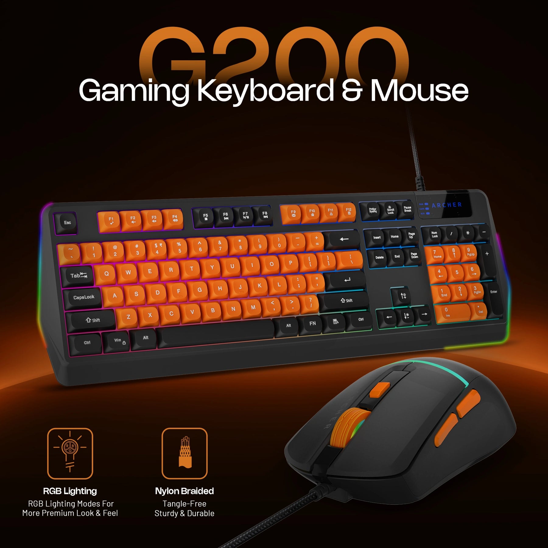 G200 Wired RGB Gaming Keyboard and Mouse Combo – 104 Keys, 19 Anti-Ghosting, 7200 DPI Mouse, 13 RGB Modes