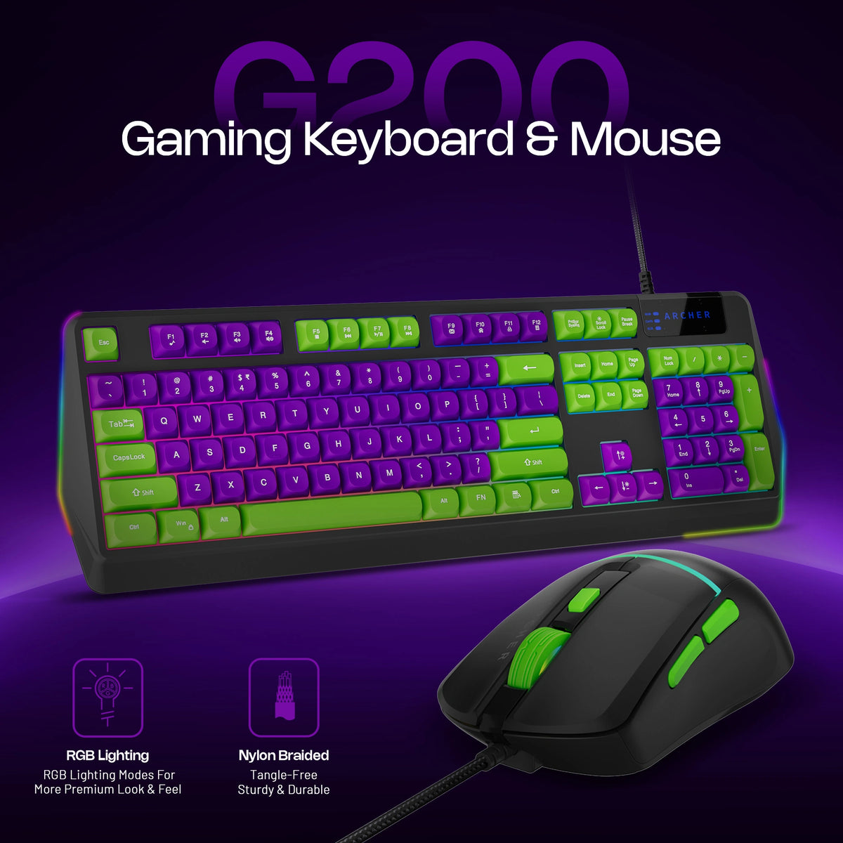 Archer Tech Lab G200 wired gaming keyboard and mouse combo with RGB lighting