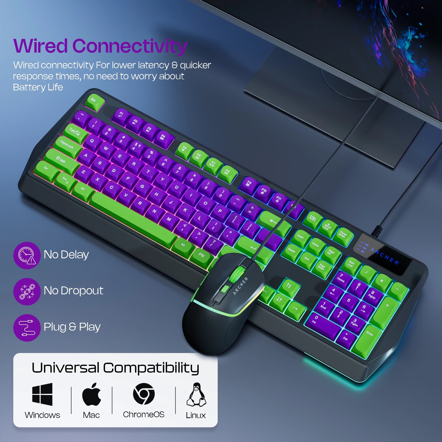 Archer Tech Lab G200 wired gaming keyboard and mouse combo with RGB lighting