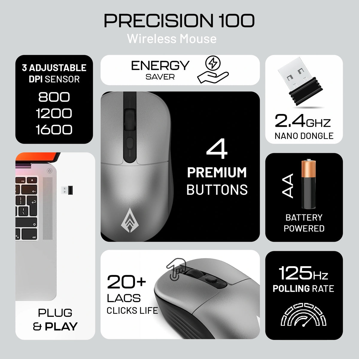 precision 100 Wireless Office Mouse with 2.4GHz USB receiver, 3 DPI settings for laptop and office use"