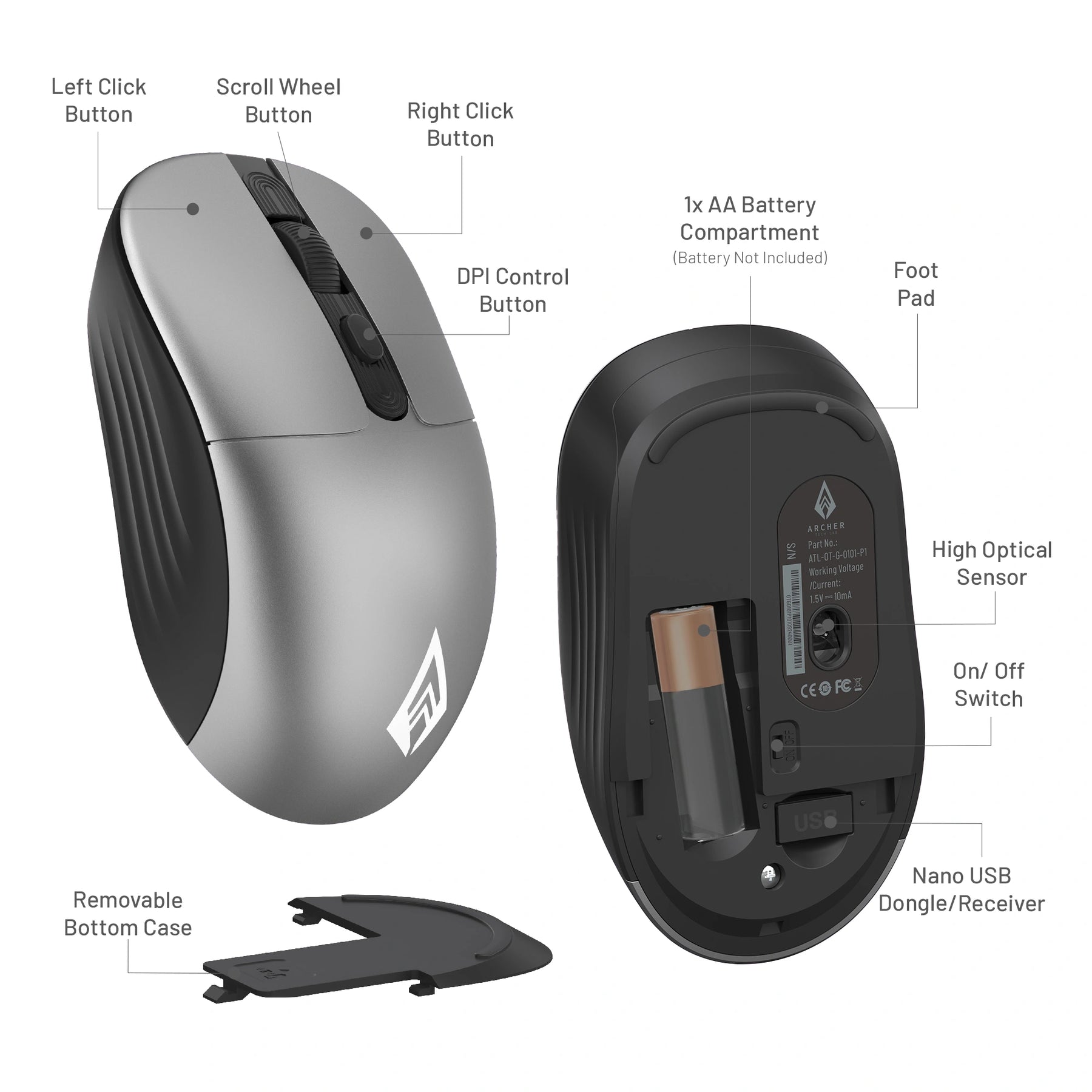 precision 100 Wireless Office Mouse with 2.4GHz USB receiver, 3 DPI settings for laptop and office use"