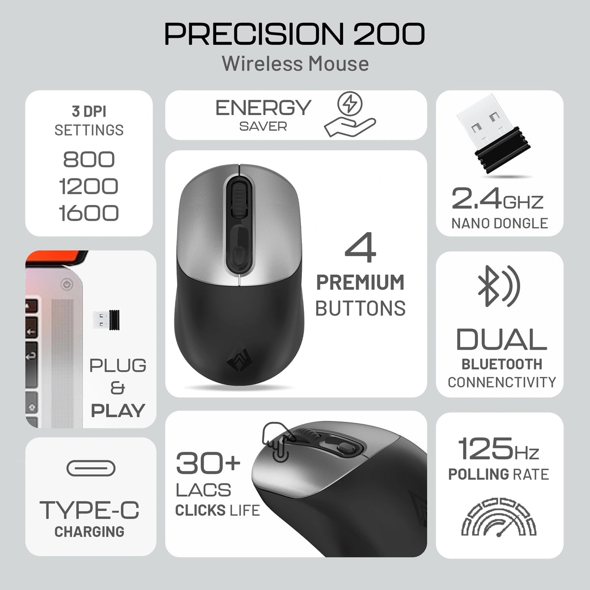 Precision 200 Wireless Office Mouse with Bluetooth & 2.4GHz USB, Rechargeable Ergonomic Lightweight Mouse