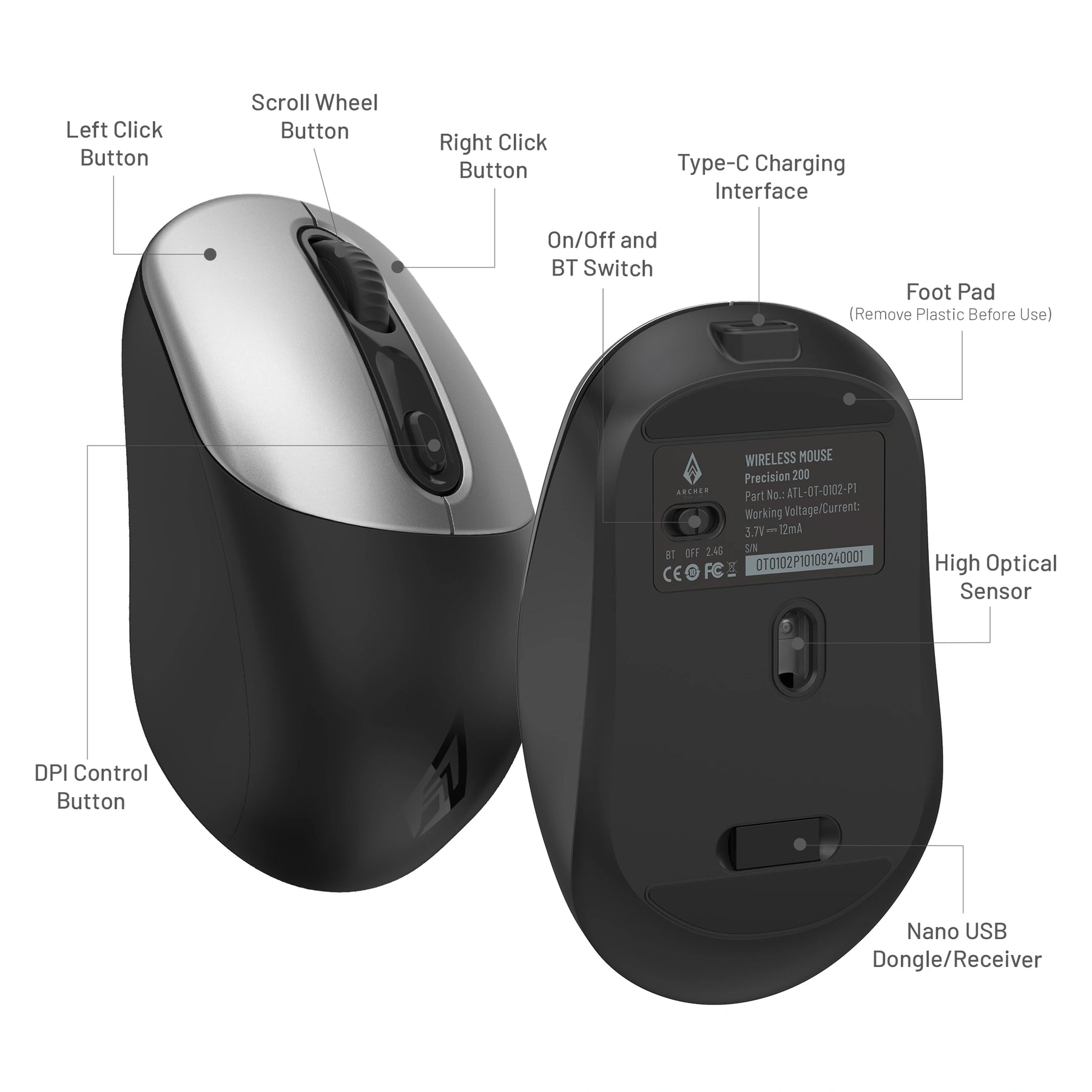 Precision 200 Wireless Office Mouse with Bluetooth & 2.4GHz USB, Rechargeable Ergonomic Lightweight Mouse