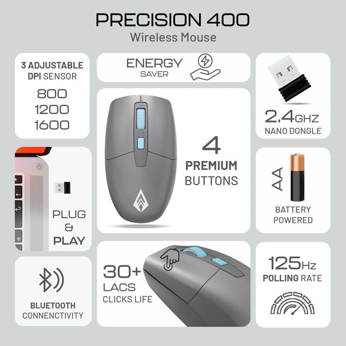 Precision 400 Bluetooth wireless office mouse with Bluetooth 5.3 and 2.4GHz USB dual mode