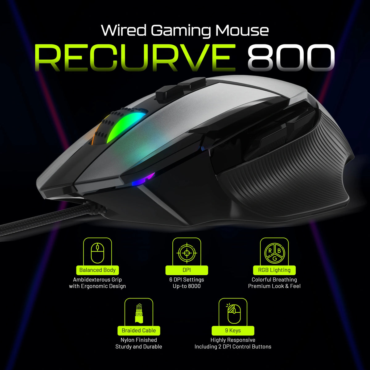 Recurve 800 Wired RGB Gaming Mouse with 9 Programmable Buttons and 800–8000 DPI