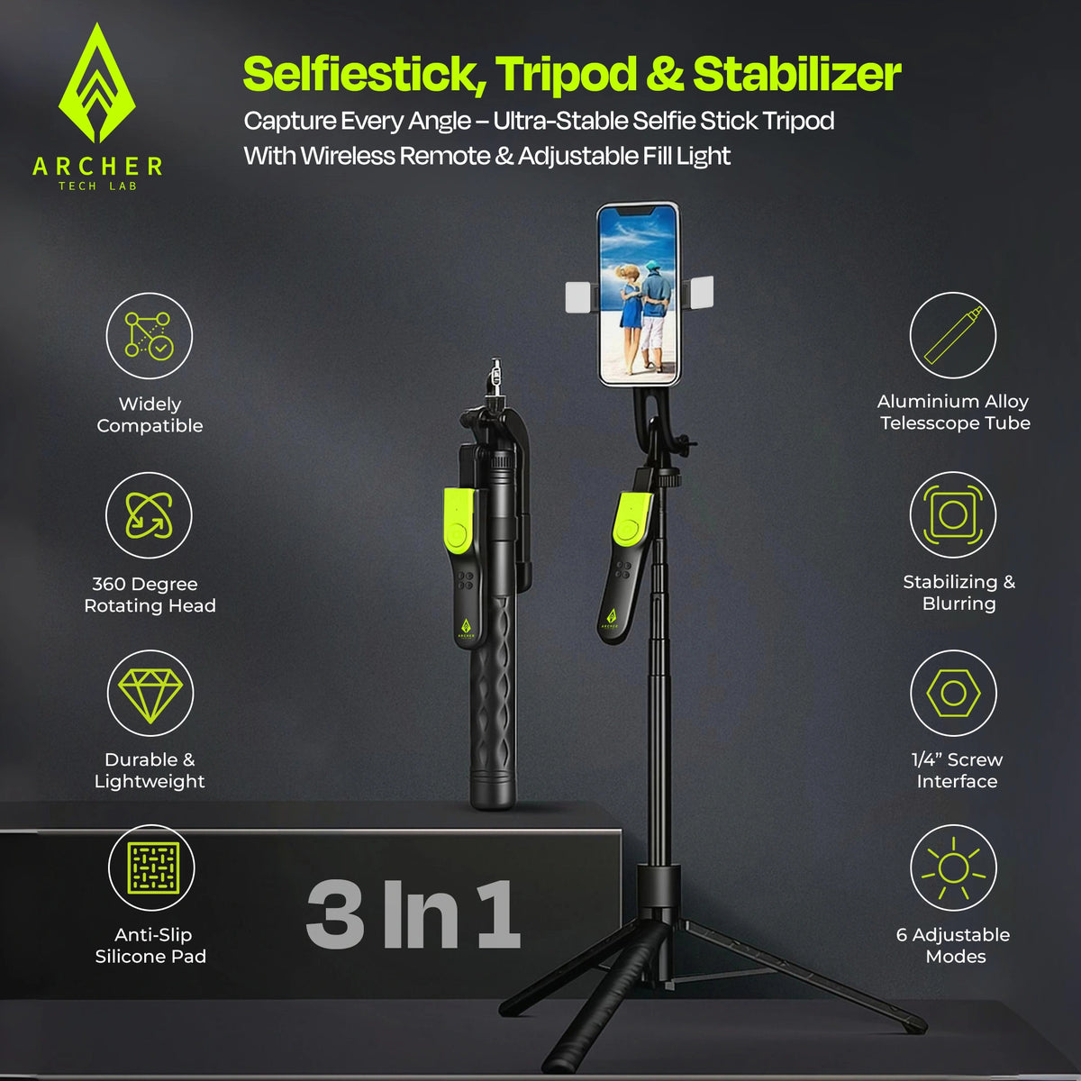 ArcherTechLab Selfie Stick Tripod – Perfect for Vlogs & Photos