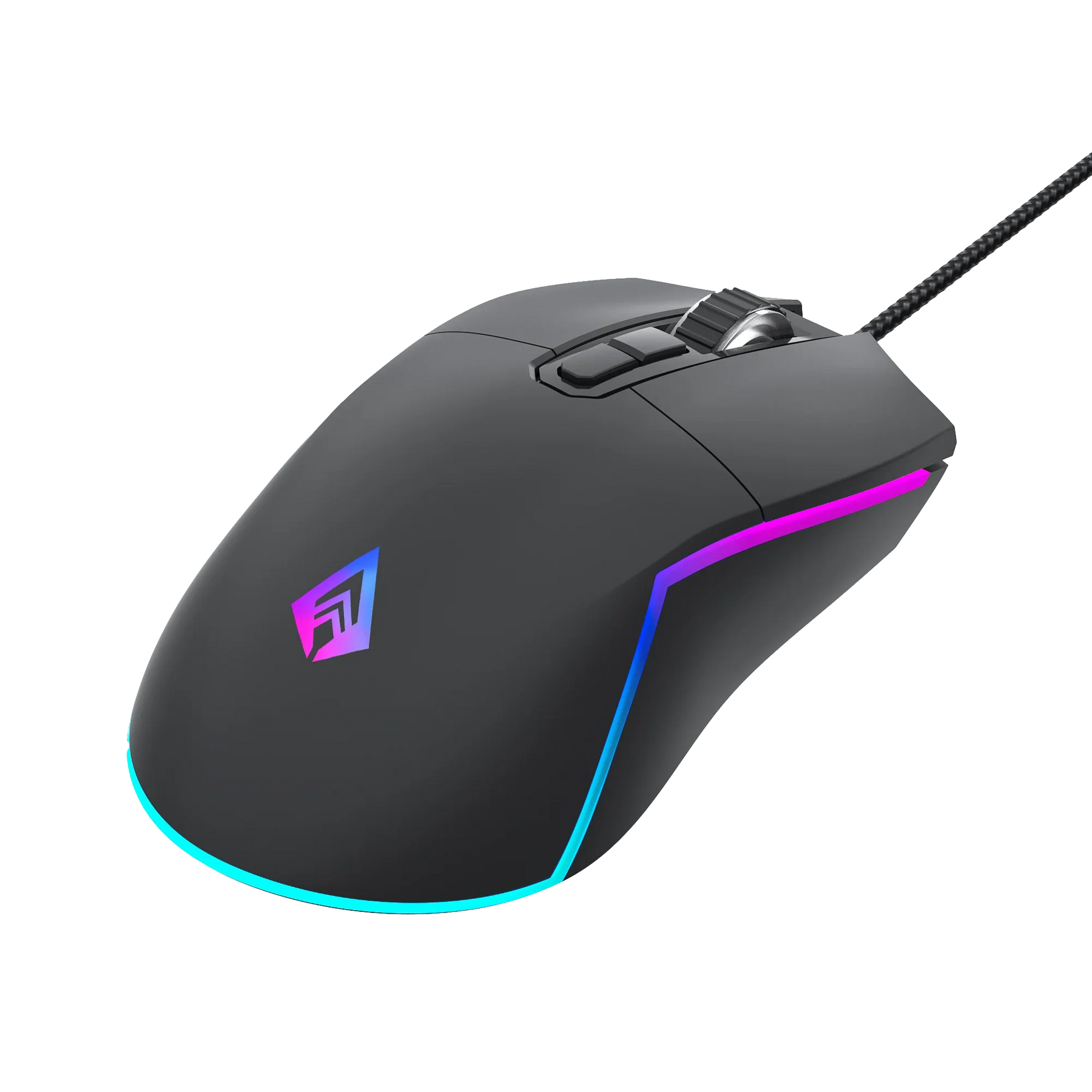 Black gaming mouse with RGB lighting on a white background