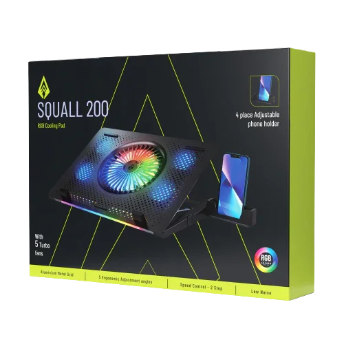 Squall 200 RGB Gaming Laptop Cooling Pad with 5 Fans, Adjustable Stand, Fan Speed Control, and Phone Holder