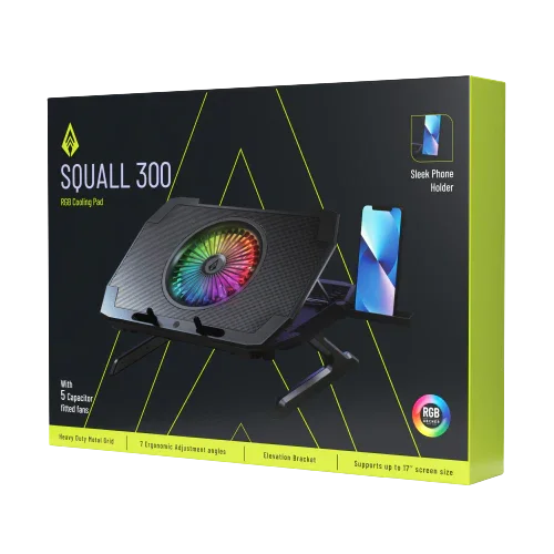 Squall 300 RGB Gaming Laptop Cooling Pad with 5 Fans, Adjustable Stand, Dual USB, and Phone Holder