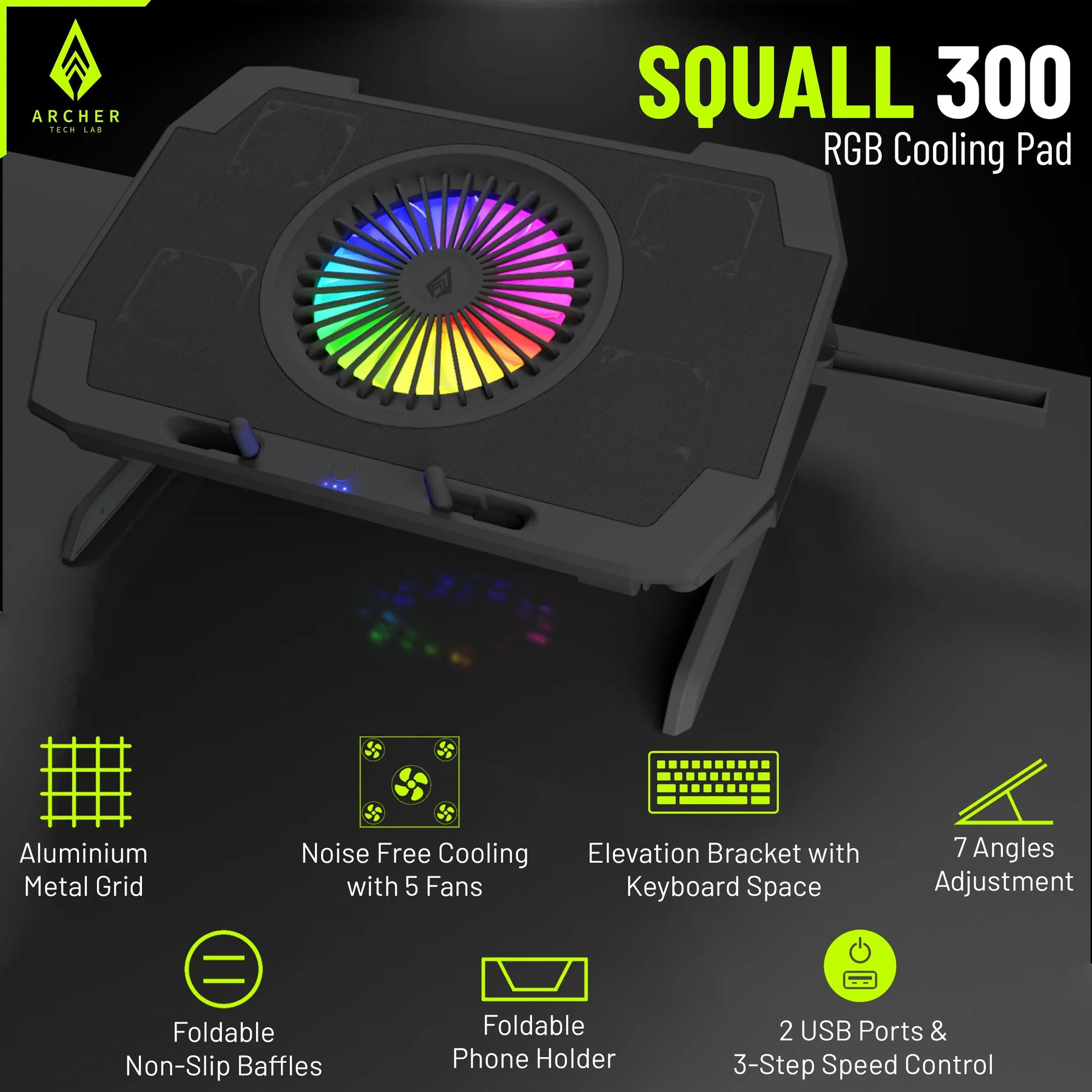 Squall 300 RGB Gaming Laptop Cooling Pad with 5 Fans, Adjustable Stand, Dual USB, and Phone Holder
