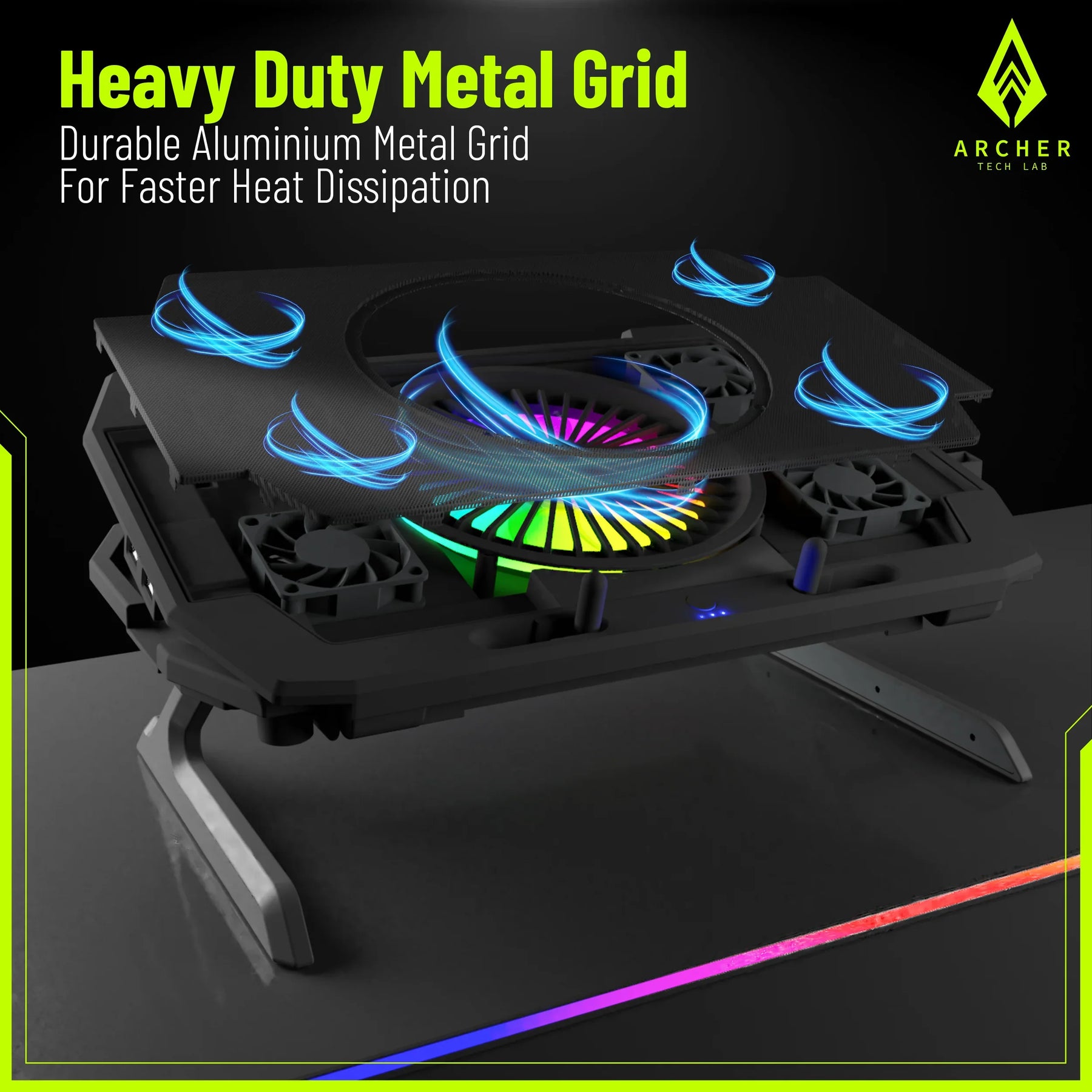 Squall 300 RGB Gaming Laptop Cooling Pad with 5 Fans, Adjustable Stand, Dual USB, and Phone Holder