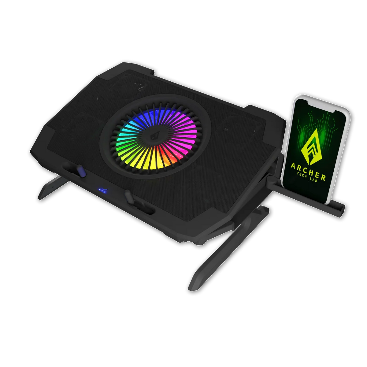 Squall 300 RGB Gaming Laptop Cooling Pad with 5 Fans, Adjustable Stand, Dual USB, and Phone Holder