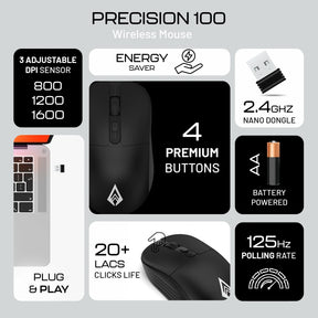 Precision 100 Wireless Office Mouse | 2.4GHz USB Nano Receiver, 3 DPI, Lightweight 55g