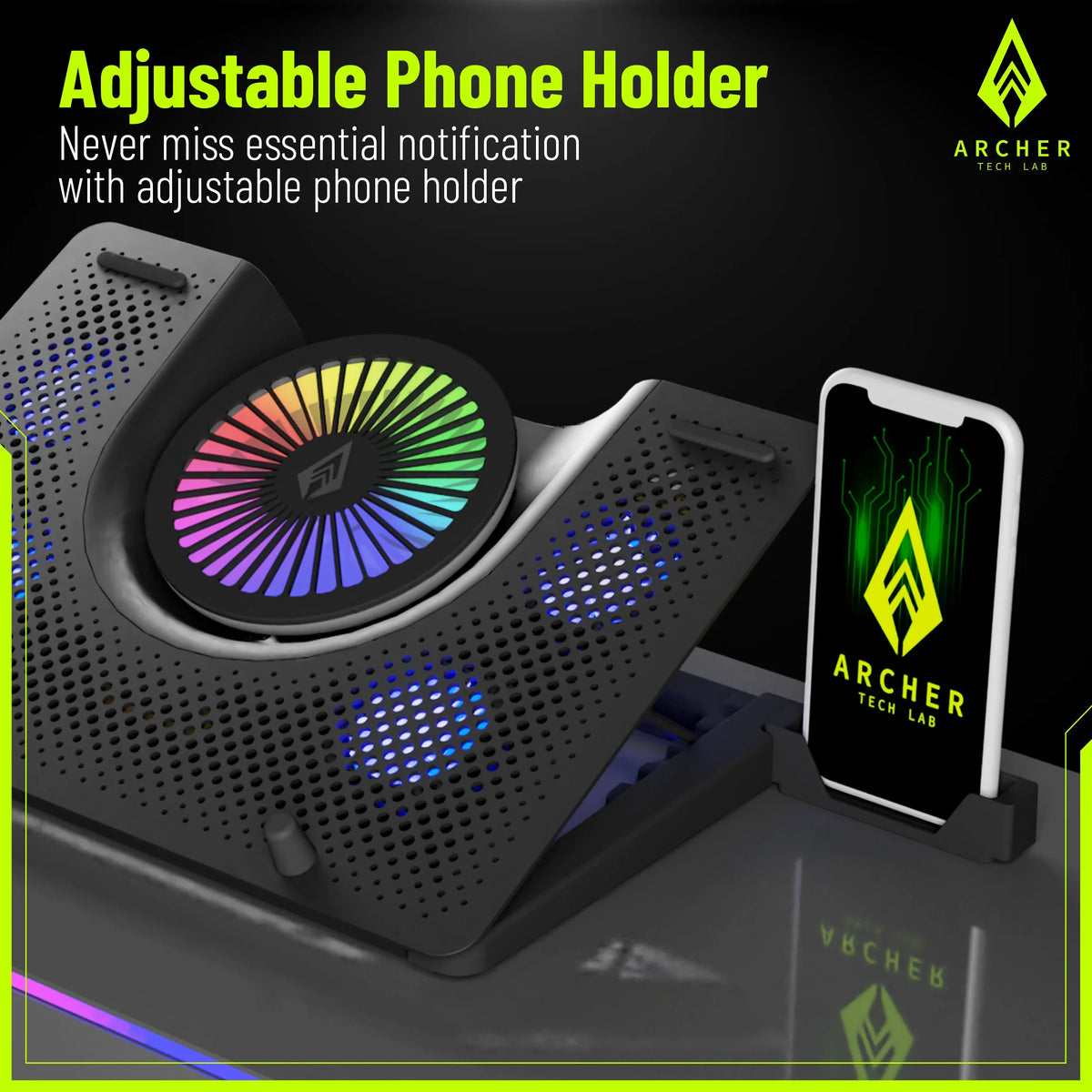 Squall 200 RGB Gaming Laptop Cooling Pad with 5 Fans, Adjustable Stand, Fan Speed Control, and Phone Holder